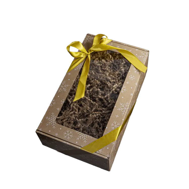 Naturalne pudełko z nadrukiem w krztalcie śnieżynek z kokardką Cherry Gifts.png